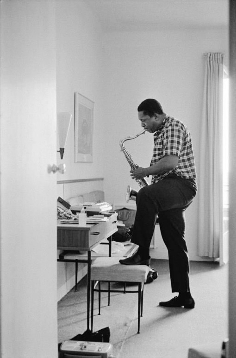 John Coltrane rehearsing in his hotel room in Antibes, 1965 

Photo by Jean-Pierre Leloir