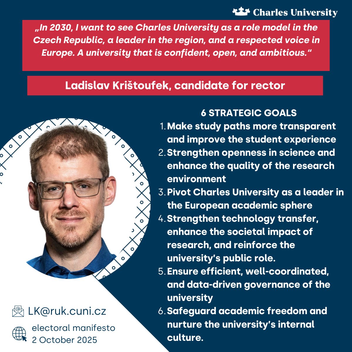 🇨🇿:
Včera jsem se představil na prvním fakultním senátu – na Pedagogické fakultě. S prof. Mihajlevičem jsme vedli příjemnou a konstruktivní debatu.

📚 Je proto správný čas zveřejnit rámující vizi a strategické cíle pro období 2026-2030. 📚

🔑 Vize mohou být mezi kandidáty