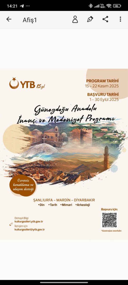 Vatandaşlarımız için düzenlenen YTB Güneydoğu Anadolu İnanç ve Medeniyet Programı'na son başvuru tarihi 30 Eylül 2025'tir.  Daha fazla detay için; kulturgezileri.ytb.gov.tr resmi web adresini ziyaret ediniz.