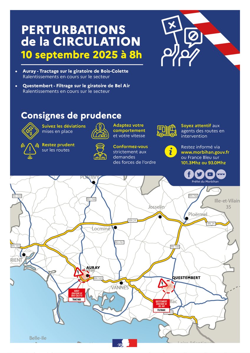 Prefet56's tweet photo. #Manifestations | ⚠️
2 ralentissements sont actuellement en cours à #Auray, giratoire du Bois-Colette, et #Questembert, giratoire de Bel Air.
Soyez prudents à l'approche de ces secteurs, adaptez votre vitesse et conformez-vous aux consignes des forces de l'ordre et des agents des routes.