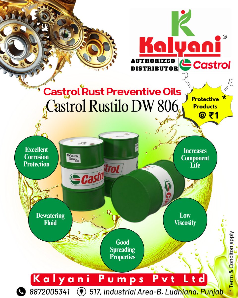Castrolubricant's tweet photo. π‘οΈ Protect your components with Castrol Rustilo DW 806!
β Excellent Corrosion Protection
β Dewatering Fluid
β Good Spreading Properties
β Low Viscosity
β Increases Component Life
π Ludhiana | π 8872005341
#Castrol #RustiloDW806 #RustPreventiveOil #KalyaniPumps https://t.co/u9i8aEodBZ