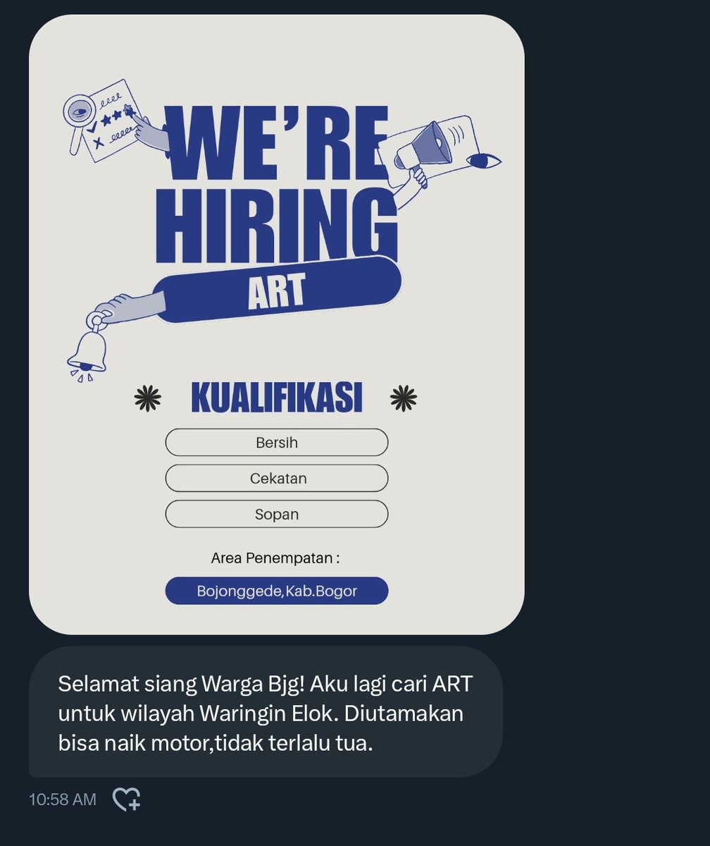 Peeps ada lowongan pekerjaan nih, dibutuhkan ART siapa Tau ada yg minat

Jika berminat hubungi <a href="/ini_friscaya/">anggre.</a>