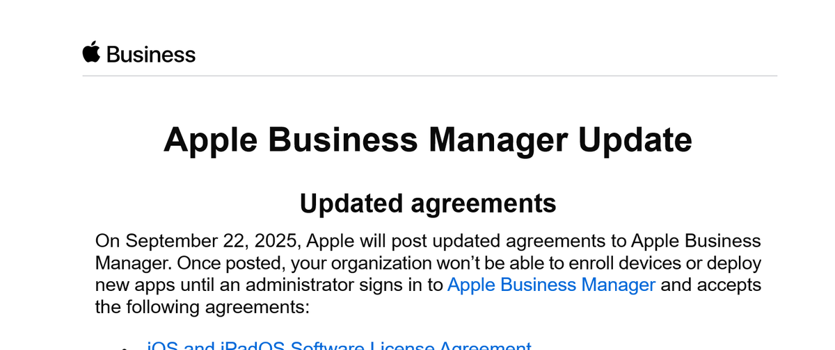 BurgerhoutJ's tweet photo. 📢 Head's up!

On the 22nd of September, yeah that's in 2 weeks, Apple will update his agreements.
So, please sure to accept this, otherwise you won't be able to enroll devices or deploy new apps!

#ABM #MSIntune #MEM #MVP #MVPBuzz https://t.co/H15cJnCQBO