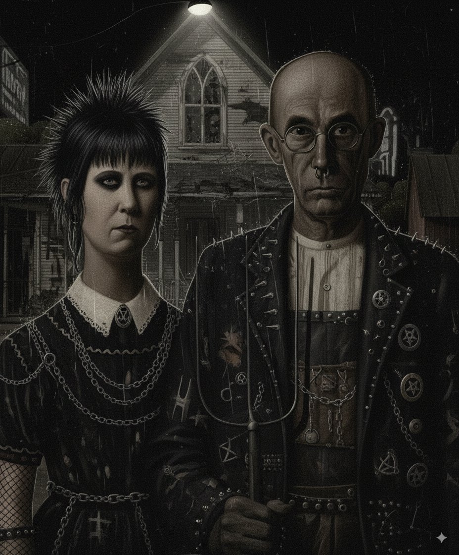 The famous painting "American Gothic"... I asked nano-banana if we could make it a bit more.... "gothic"