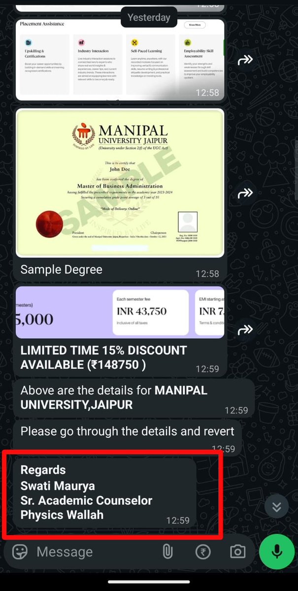 AstitvaPathak1's tweet photo. My data was used without my consent by a @PhysicswallahAP academic counselor, and the communication was unprofessional and unacceptable. This is a serious privacy and conduct issue. I expect a prompt and decisive response from the company.

 #PhysicsWallah #CustomerService https://t.co/ZLEgbGOaNq