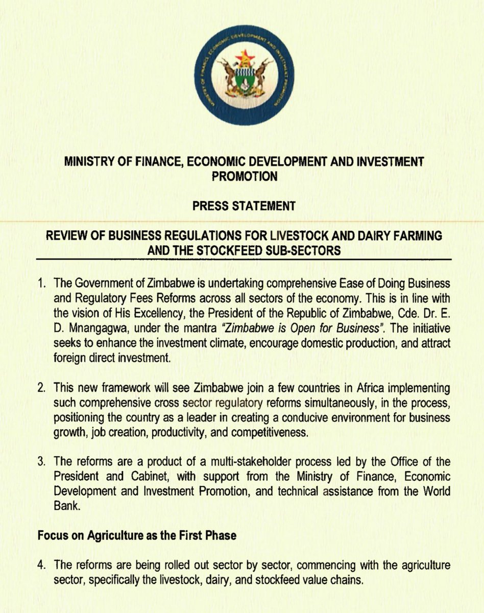 newswireZW's tweet image. Finance Minister Mthuli Ncube has scrapped some fees and eased regulations for livestock and dairy farmers, saying this is the first step in a broader review of costs across the economy.

“The reforms are being rolled out sector by sector, commencing with the agriculture sector”