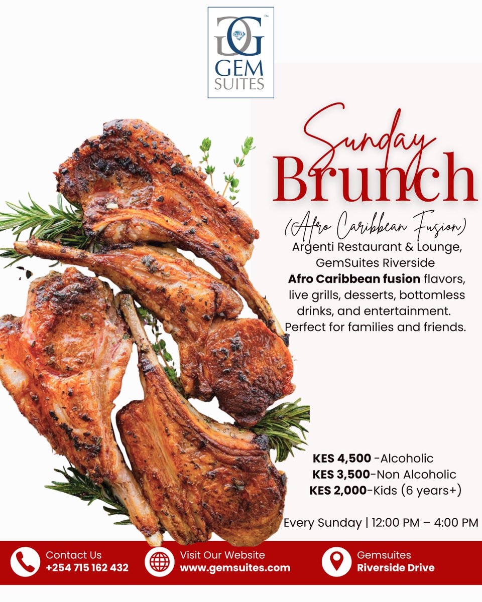 Savor Sundays the Afro-Caribbean way at Argenti Restaurant &amp; Lounge – GemSuites Riverside.
📍 Every Sunday | 12:00 PM – 4:00 PM
📞 Book your table: 0715 162 432
#SundayBrunch #BBQBrunch
