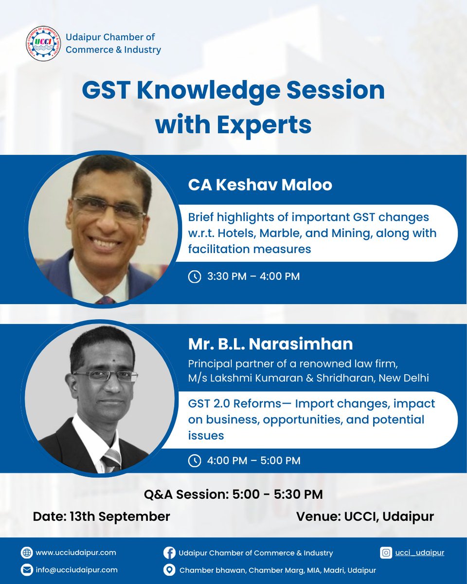UCCISEC's tweet image. Exclusive GST Knowledge Session Alert! 
Join us on 13th September at UCCI, Udaipur to gain practical insights from industry experts on the latest GST reforms and updates. 

Register Now: ucciudaipur.com/event-details/…

#UCCI #Udaipur #LearningOpportunity #UCCIEvents #UdaipurEvent #GST