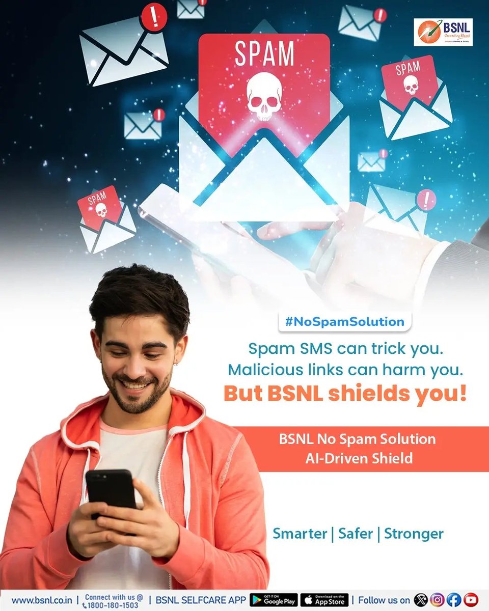 BSNL_BIHAR's tweet image. Protect Your Phone from Spam SMS & Malicious Links!
#BSNLNoSpamSolution - AI-Driven Shield for Smarter, Safer Connectivity.
#BSNL #SpamSMS #NoSpam #DigitalIndia #ConnectingBharat