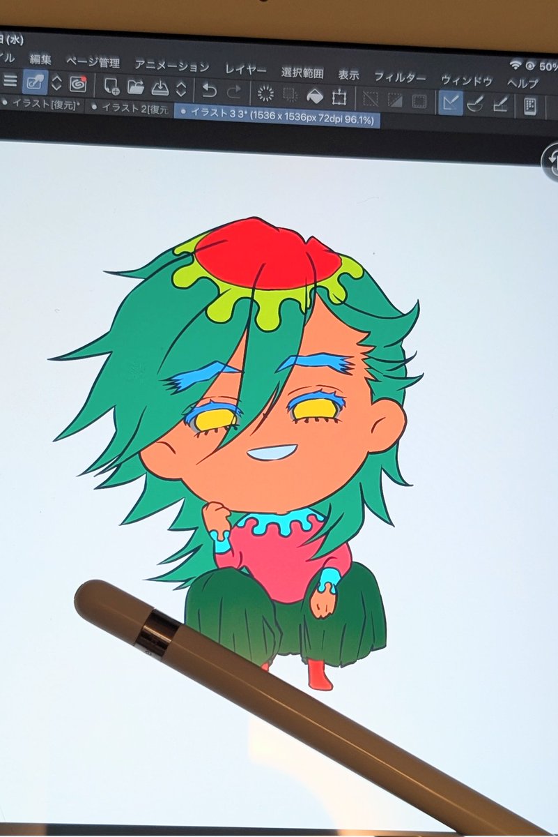 塗りつぶしを使うのとても楽しい⁽⁠⁽⁠ଘ⁠(⁠ ⁠ˊ⁠ᵕ⁠ˋ⁠ ⁠)⁠ଓ⁠⁾⁠⁾童磨の髪型まだよくわからぬ。
途中過程がサイケデリック！
#ちびキャラ #描いてる途中