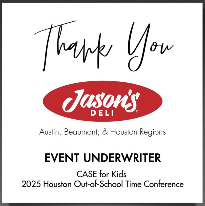 CtrGrantsDev's tweet image. Thank you, @jasonsdeli, for generously underwriting the 2025 CASE for Kids Houston Out-of-School Time Conference! Your support helps us empower educators, inspire innovation, and expand opportunities for youth across our community.  @HCDEtx  @EduFoundHC  #caseforkids