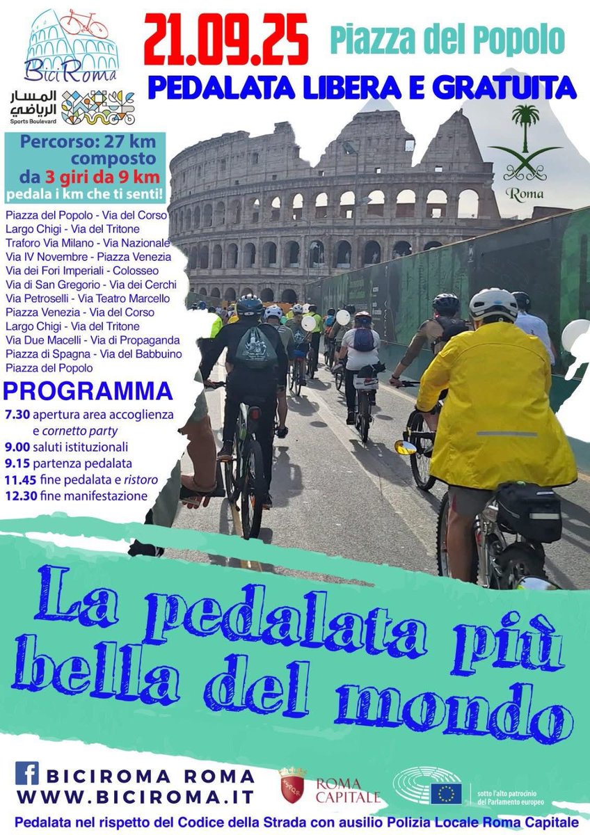 KSAembassyIT's tweet photo. 🚴‍♀️ La Reale Ambasciata dell’#ArabiaSaudita a Roma rinnova anche quest’anno il sostegno a #BiciRoma – “La pedalata più bella del mondo”, XVIII edizione, con il patrocinio del Parlamento Europeo. 📍 Roma, domenica 21 settembre 2025 🇸🇦🤝🇮🇹 https://t.co/vLkwnO2knE