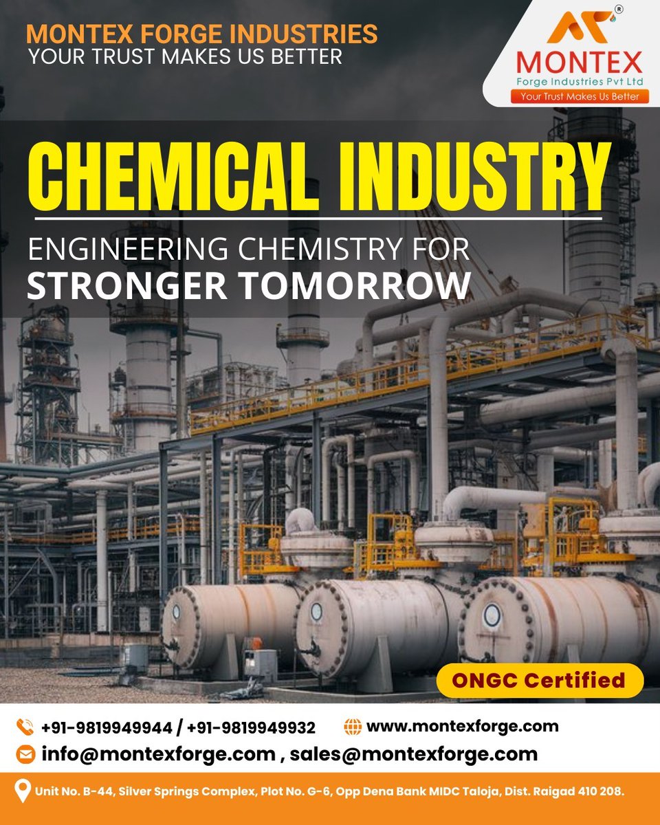 Montex44976951's tweet photo. 🔬⚙️ Engineering Chemistry for a Stronger Tomorrow!
At Montex Forge Industries, we combine innovation, precision, and trust to power the Chemical Industry 

📞 Contact us today: +91-9819949944 / +91-9819949932
📧 info@montexforge.com
 | sales@montexforge.com

#ChemicalIndustry https://t.co/wGnzO0I0XV