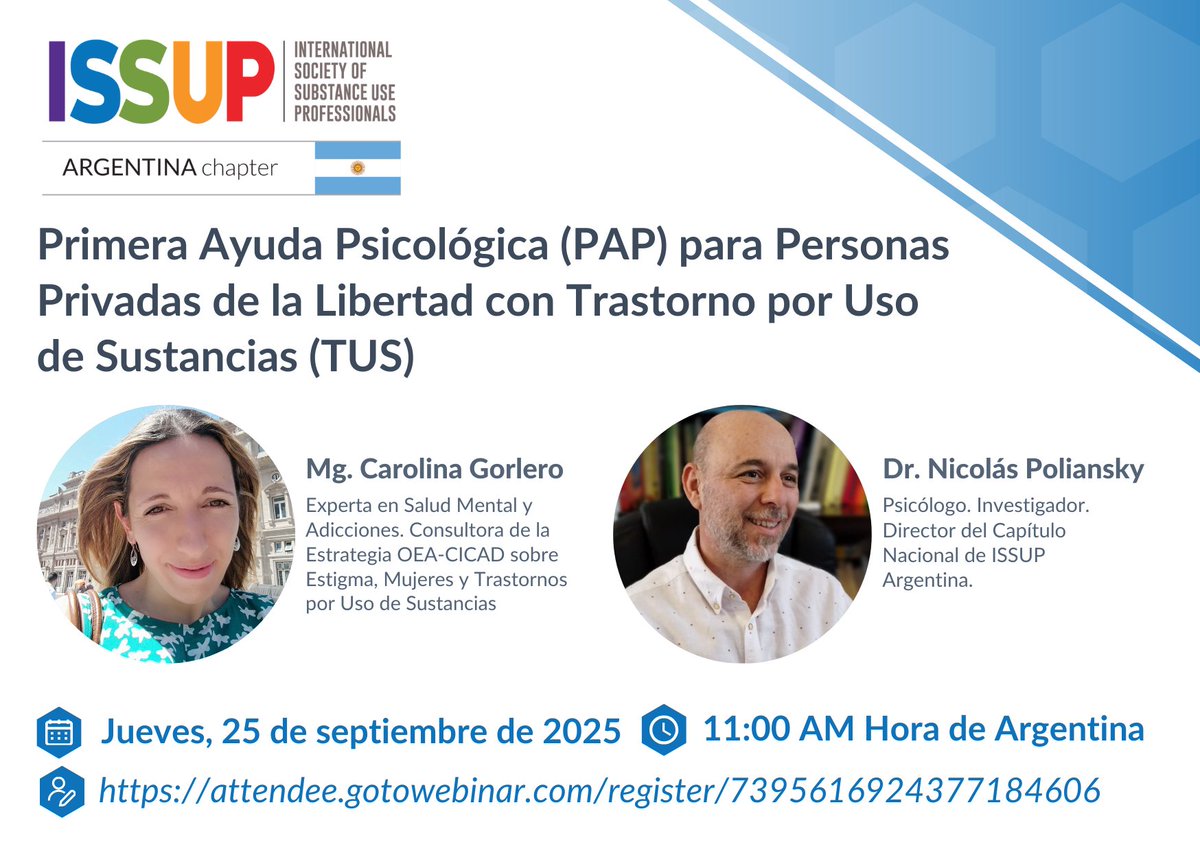 📢 Seminario Web – ISSUP Argentina
Primera Ayuda Psicológica (PAP) para Personas Privadas de la Libertad con Trastorno por Uso de Sustancias (TUS)

📅 Jueves, 25 de septiembre de 2025
🕚 11:00 AM Hora de Argentina

🔗 issup.net/es/national-ch…