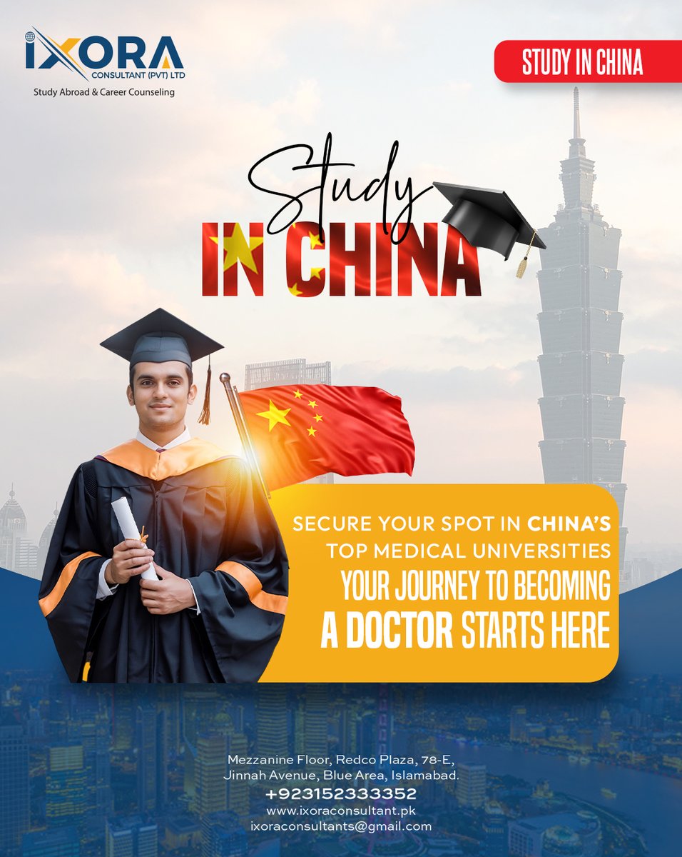 ixoraPK's tweet image. Secure Your Spot in China’s Top Medical Universities
Your Journey to Becoming a Doctor Starts Here

To   Learn More, Get in Touch
📞 Call us: +92 315 2333352
📧 Email:   ixoraconsultants@gmail.com
🌐 Website: ixoraconsultant.pk

#StudyDreams   #Ixora #YourFutureStartsHere