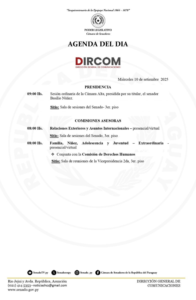 #AgendaSenado

La Cámara de Senadores, en la jornada de hoy registra estas actividades en su agenda.

__
🗓️Miércoles 10 Septiembre| <a href="/SenadoresPy/">SenadoPy</a> <a href="/senadotvpy/">senadotvpy</a>