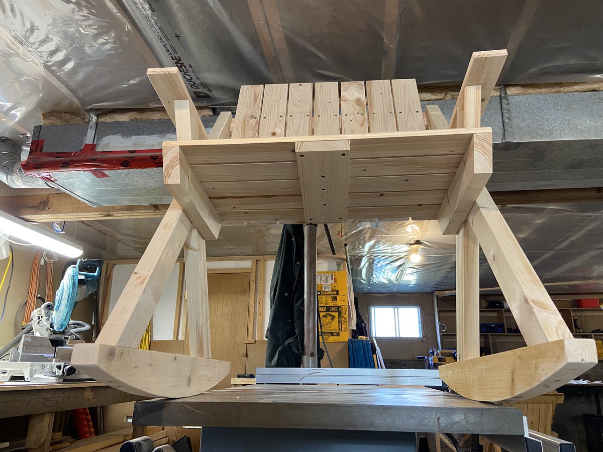 Happily retired and milling my own lumber, I made this rocking chair for 3 if toddler wants to join his mom and infant brother. It’s perfectly balanced, requiring very little push off to rock. It’s predesor only needs to have you think about rocking to do so.