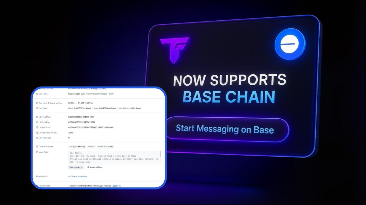 Traceva $TRCV Chat Now Supports BaseChain!

We just sent an onchain message directly to <a href="/jessepollak/">jesse.base.eth</a> using Traceva Chat on Base Chain 🔵

🧾 Verifiable, wallet-to-wallet
🛡️ No KYC, no middlemen
💬 Built for the EVM world

Try it → app.traceva.ai/chat
📸 Proof: