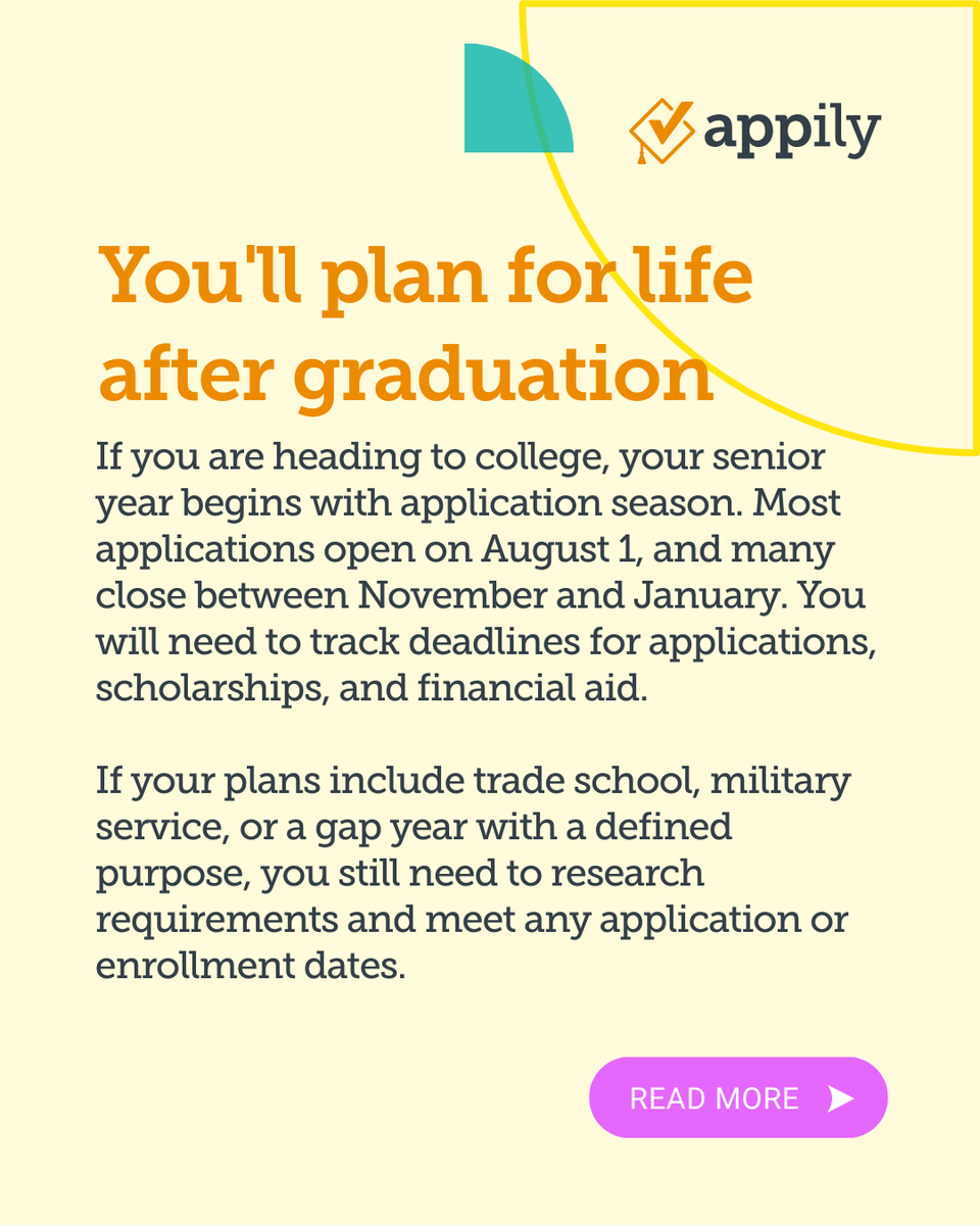 AppilyCom's tweet image. Here&apos;s is what you should expect during your last year of high school! 
#HighSchoolSeniors #SeniorYear #StudentTips #Classof2026