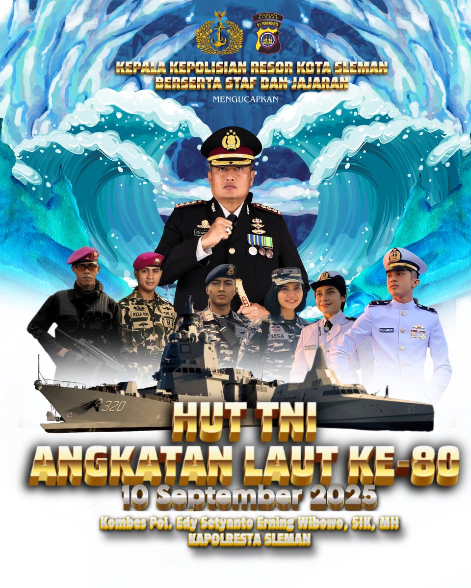 Selamat Hari Ulang Tahun TNI Angkatan Laut ke-80 🇮🇩⚓
10 September 2025

Semoga TNI Angkatan Laut senantiasa menjadi garda terdepan dalam menjaga kedaulatan maritim Indonesia serta selalu berjaya untuk kejayaan bangsa dan negara.

#huttnialke80 #tnipolri #polrestasleman #poldadiy