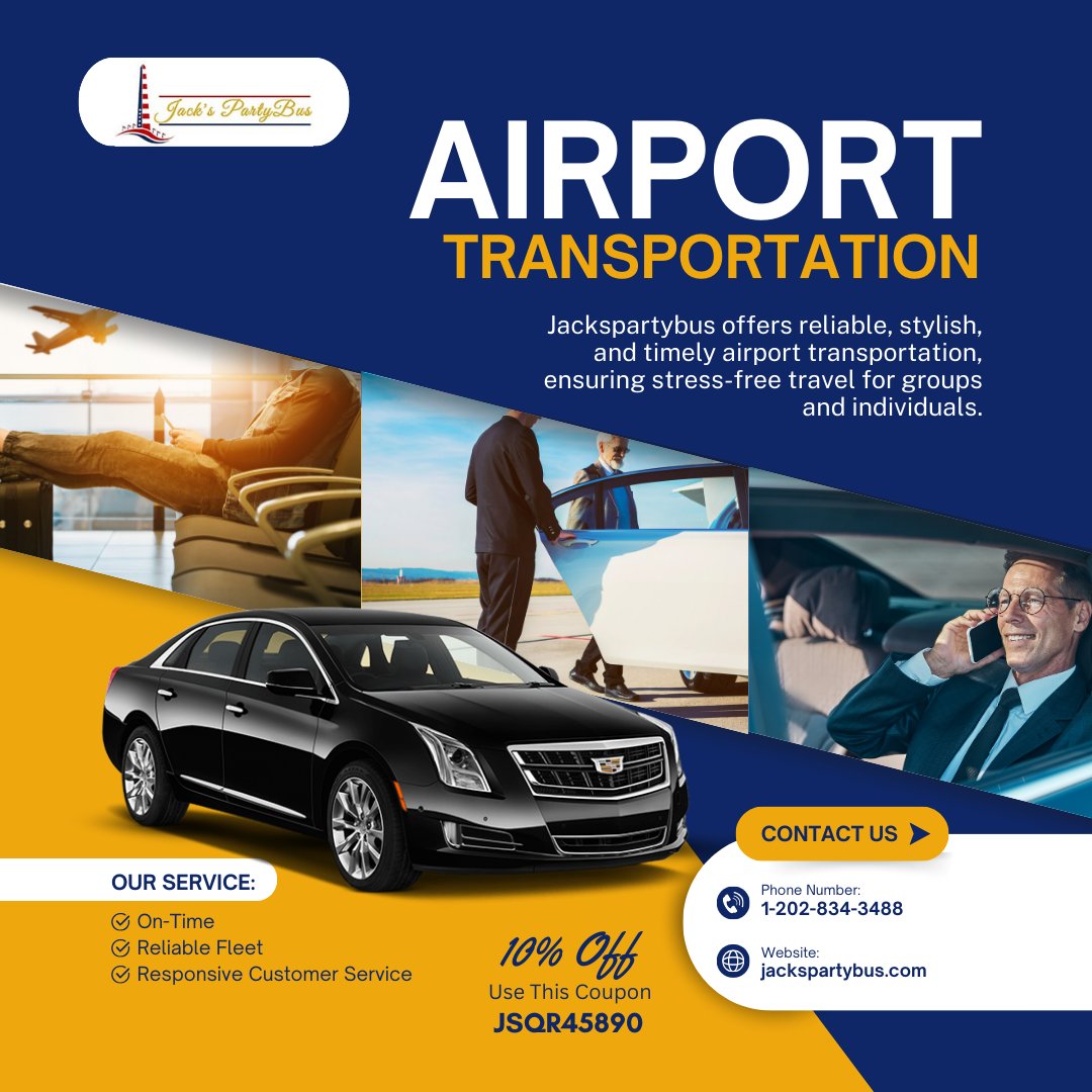 JacksPartyBus2's tweet photo. Fly stress-free with Jack’s Party Bus! 🚐✈️ Book Airport Transportation &amp; get 10% OFF with code JSQR45890. Don’t miss out! 🎉
For Booking Visit:  https://t.co/jzrgcWbuC8
On Call: 1-202-834-3488
#AirportTransportation #PartyBusDeals #TravelInStyle #JacksPartyBus #GroupTravel https://t.co/DqUTc1Lgfc