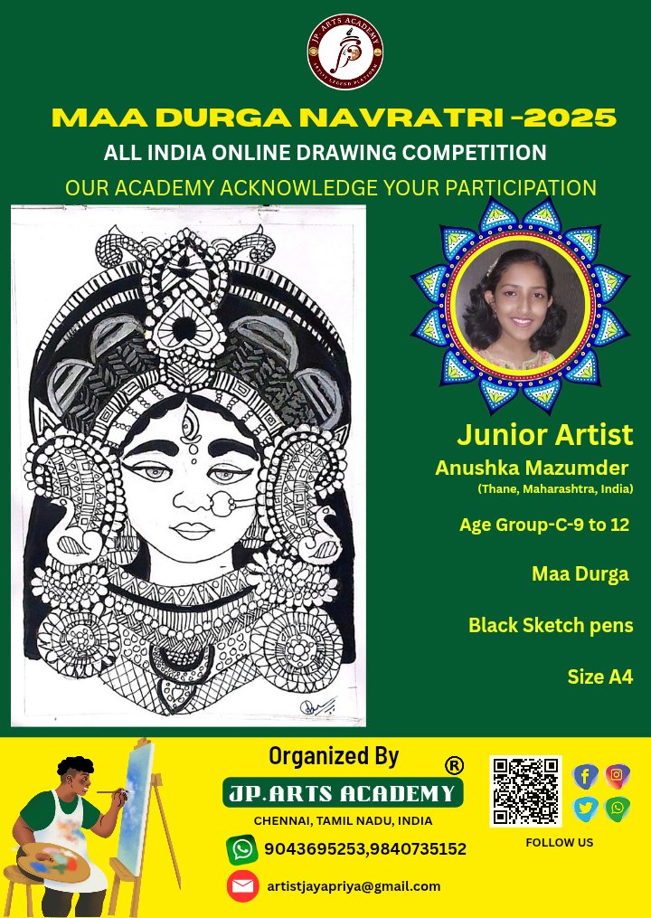 ArtistJayapriya's tweet photo. Our academy acknowledge your participant.
#art
#artwork
#artist
#maadurga
#lorddurga
#ArtCompetition
#drawing
#painting
#Navratri2025
#artcompetition2025
#onlineartcompetition https://t.co/f0xHnpU5cX