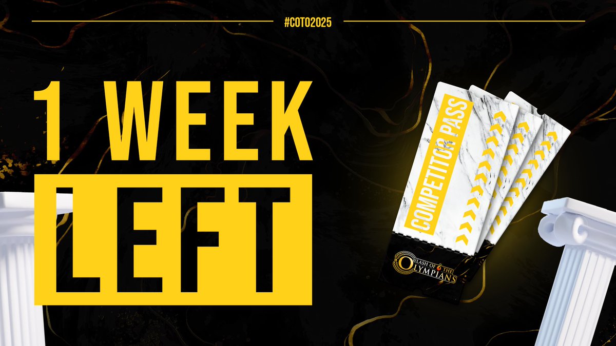 ClashOfTheOlympians (@cotolympians) on Twitter photo 📢SPECIAL REGISTRATION‼️
1 week left to register for the Standard Competitor Pass!   
40€ to register! 
REGISTER NOW!           
START.GG/COTO2025 
#COTO2025 📢SPECIAL REGISTRATION‼️
1 week left to register for the Standard Competitor Pass!   
40€ to register! 
REGISTER NOW!           
START.GG/COTO2025 
#COTO2025