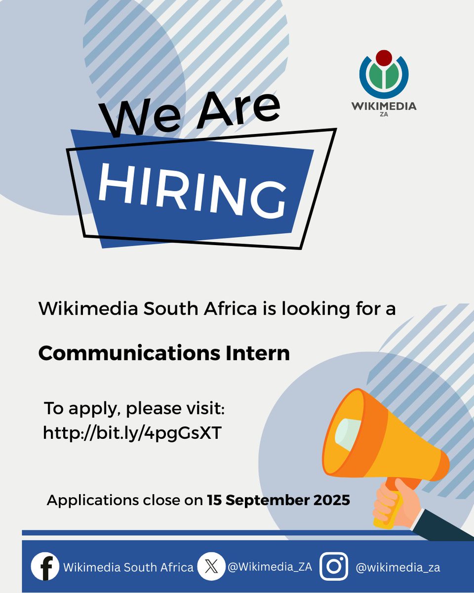 We are hiring! For more information, visit bit.ly/4pgGsXT

#WikimediaZA