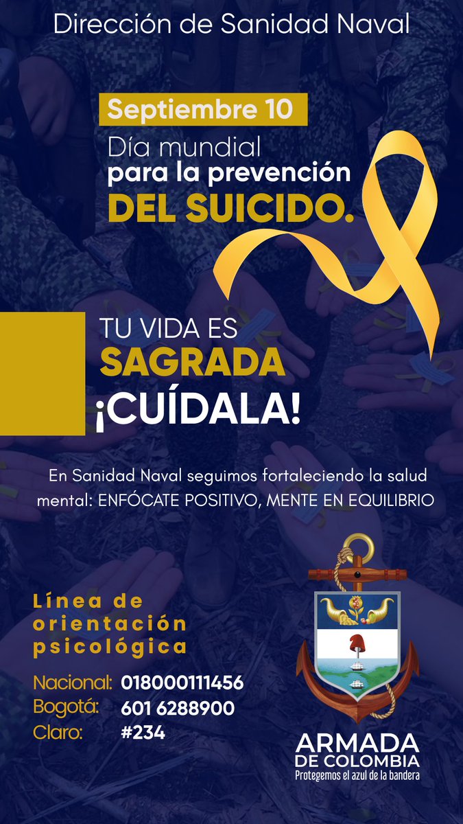 🟡 Hoy, en el Día Mundial para la Prevención del Suicidio, recordamos que la vida es sagrada. 💛 Hablemos, apoyemos y cuidémonos.

#SanidadNavalContigo