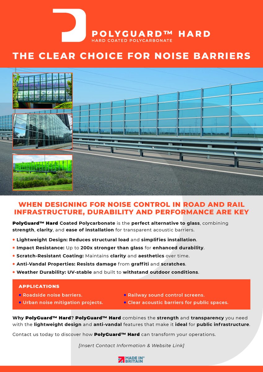 Introducing PolyGuard™ Hard, the ultimate solution for noise barriers in road and rail applications.

Designed for superior durability and sound control, PolyGuard™ Hard delivers high performance in even the harshest environments while maintaining clarity and strength.