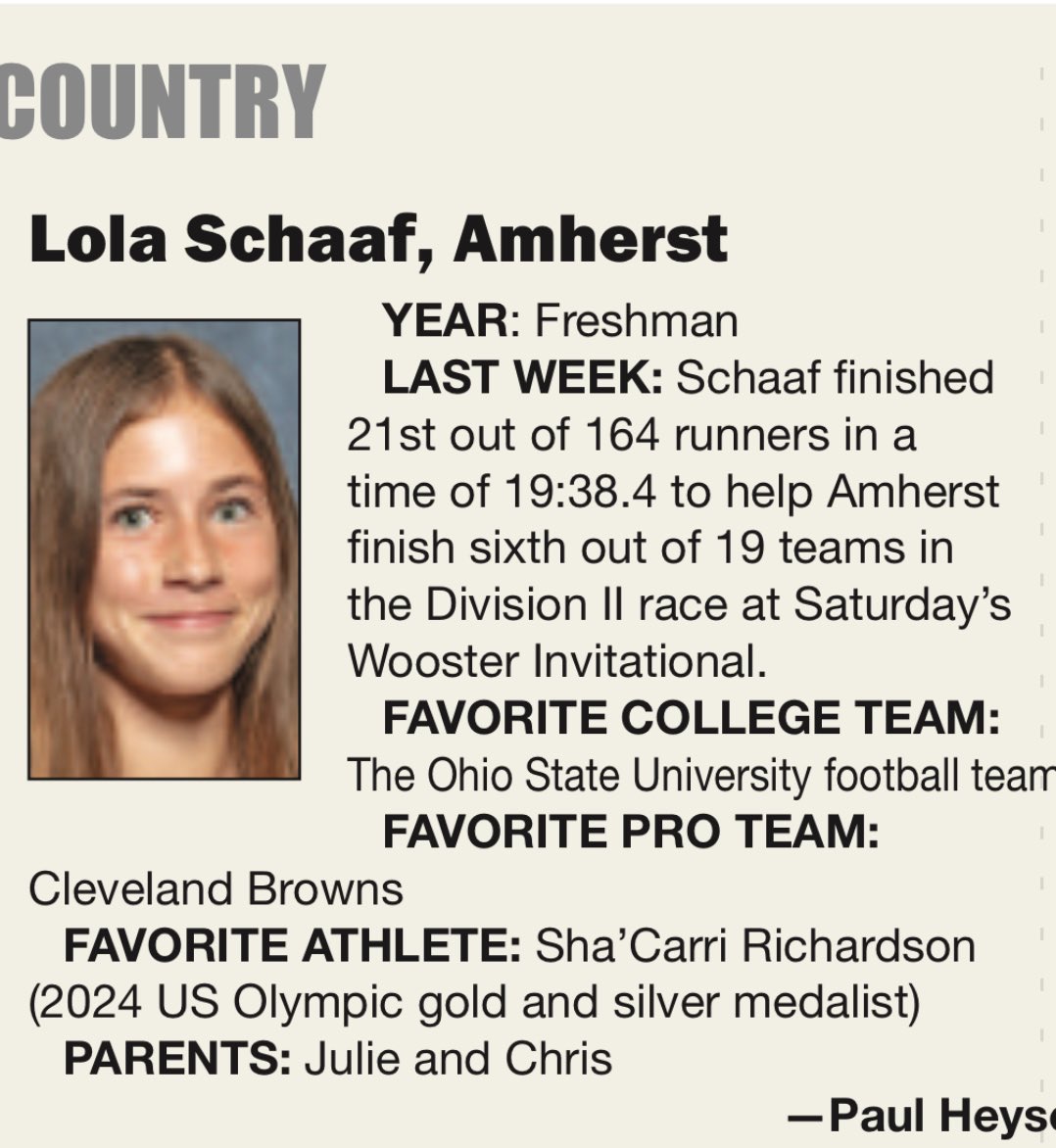 Congratulations to Lola Schaaf on being named a Chronicle Telegram Runner of the Week!