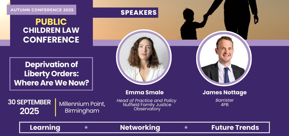 We’re delighted to welcome Emma Smale (Nuffield FJO) &amp; James Nottage to our Public Children Law Conference in Birmingham. They’ll speak on “Deprivation of Liberty Orders: Where Are We Now?” — covering practice, policy &amp; recent cases. bit.ly/4peBpXY
#FamilyLaw