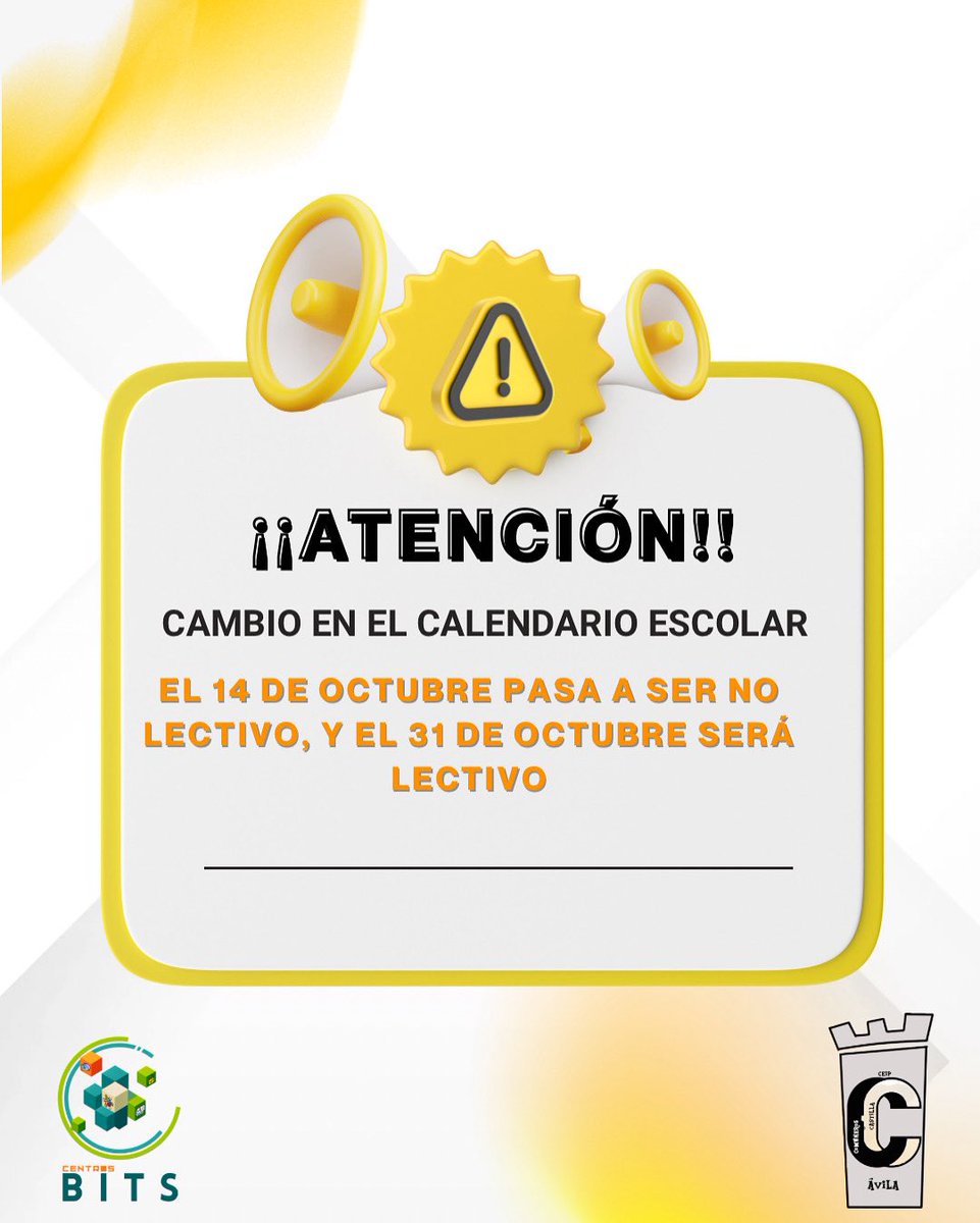 CEIPCOMUNEROSAV's tweet image. 🔴🔴🔴ATENCIÓN FAMILIAS🔴🔴🔴 Ha sido aprobada una modificación del calendario escolar del curso 2025-26 por la cual, el día 14 de octubre pasa a ser no lectivo y el 31 del mismo mes será lectivo 💛🏫🗓️
 #familiacomuneros