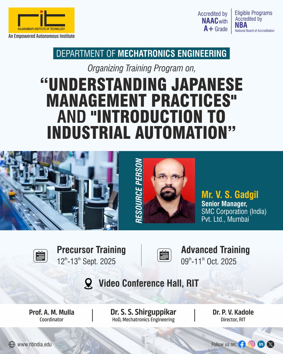 ritindia1983's tweet photo. ๐ค Dept. of Mechatronics Engg., RIT in collaboration with SMC India, Mumbai, is organizing a Training Program on Industrial Automation under JEC (Japanese Endowed Courses) & MSDE (Skill Development, GoI) schemes. โ๏ธ๐
#IndustrialAutomation #RITLife https://t.co/a6cg9dNmoL