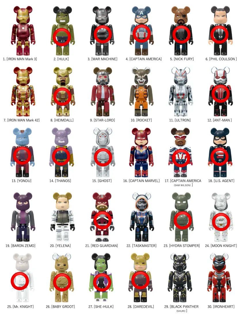 Si_ryu1121's tweet photo. 【交換】
MARVEL マーベルBE@RBRICK ベアブリック　

譲:⭕️が付いているもの

求:E
複数出せますのでよろしくお願いします。 https://t.co/DheVf3Y4nX
