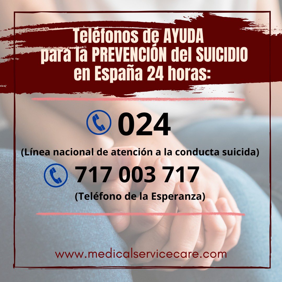 🧠10 de septiembre – Día Mundial para la Prevención del Suicidio

NO ESTÁS SOLO:

📞 Línea 024 – Atención a la conducta suicida (España)
📞 Teléfono de la Esperanza – 717 003 717

🔵 Medical Service Care

#DíaMundialDeLaPrevenciónDelSuicidio
#SaludMental
#PrevenciónDelSuicidio