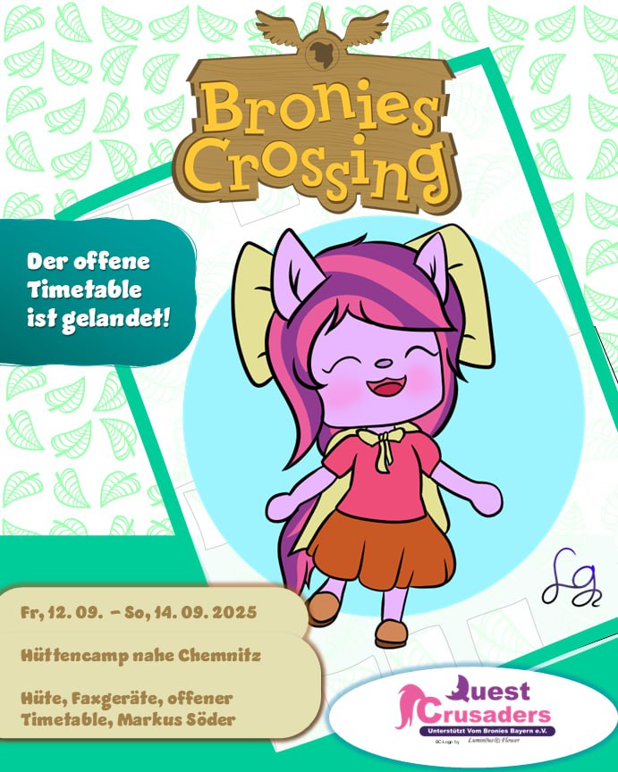 quest_crusaders's tweet image. Trage deine Panel-/Konzert-/Workshop-/Spiel-Idee in den offensichtlich offiziellen offenen Zeitplan ein, bevor es allen langweilig wird!

Die Rufnummern zur Anmeldung  und Auskunft sowie den Link zum Timetable findest du auf bronies.de oder in der Telegrammgruppe.