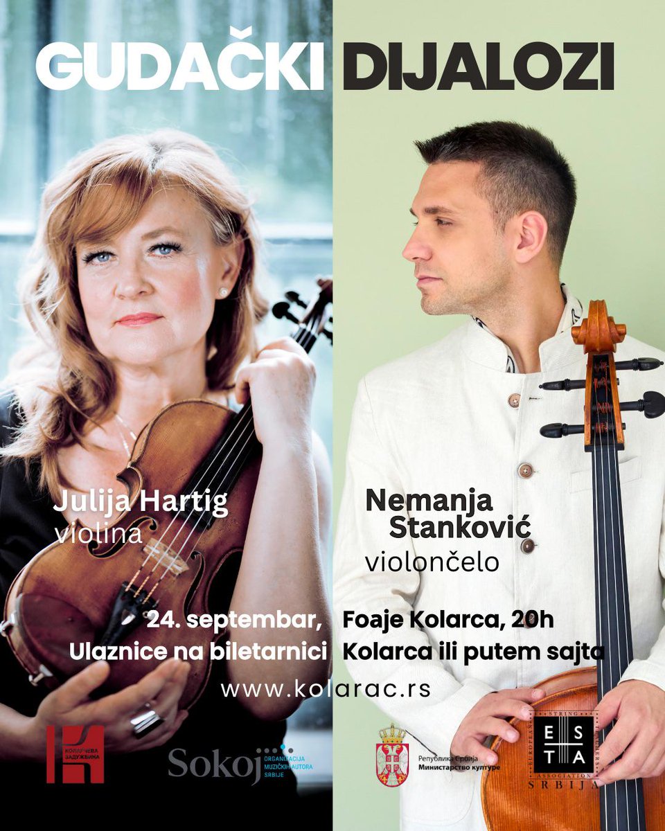 IlijaMKolarac's tweet image. ✨GUDAČKI DIJALOZI✨
Julija Hartig, violina
Nemanja Stankovic, violončelo
📍24. 9. u 20 #foajekolarac
🎶Program: T. Hartig, N. Bogojević, I. Žebeljan, I. Popović i M. Ravel
🎟️Ulaznice možete nabaviti na biletarnici #kolarac i onlajn 👉 visit-serbia.online/event/zaduzbin…