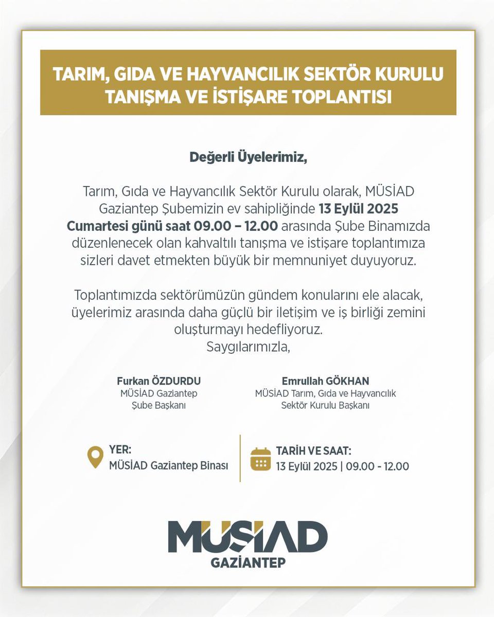 Şubemizin ev sahipliğinde, 13 Eylül 2025 Cumartesi günü 09.00 – 12.00 saatleri arasında şube binamızda gerçekleştirilecek kahvaltılı toplantımızda; sektörümüzün gündem konuları ele alınacak, üyelerimiz arasında daha güçlü iletişim ve iş birliği ortamı oluşturulacaktır. 🤝

📍