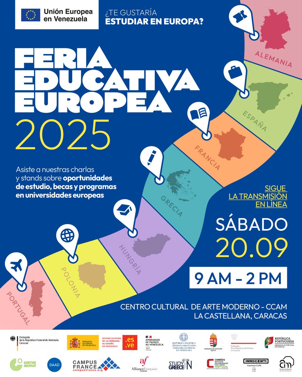 #Venezuela | Feria Educativa de la UE será el 20 de septiembre en el CCAM y vía YouTube
acortar.link/NN8gCy
<a href="/UEenVenezuela/">Unión Europea en Venezuela 🇪🇺🇻🇪</a> <a href="/cculturalam/">Centro Cultural de Arte Moderno</a>