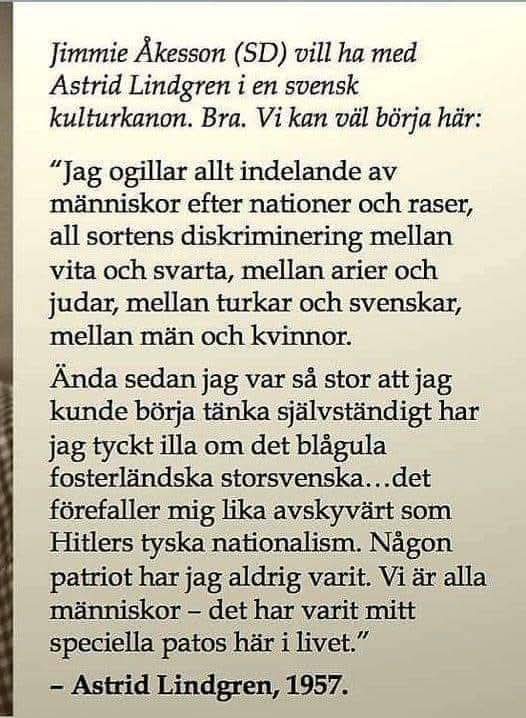 Skulle Astrid Lindgren vilja ha med Åkessons nationalister att göra? Avgör själva!