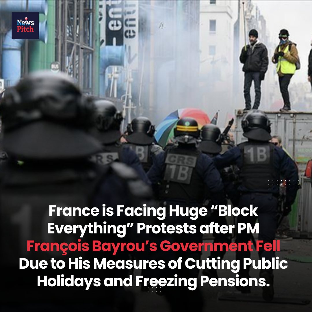 newspitchplus's tweet photo. #BREAKING - France is Facing Huge “Block Everything” Protests after PM François Bayrou’s Government Fell Due to His Measures of Cutting Public Holidays and Freezing Pensions

#France #FranceProtest #AggresiveProtest #FranceAfterNepal #News #TNP #TheNewsPitch https://t.co/ZfQ3mpnmGP