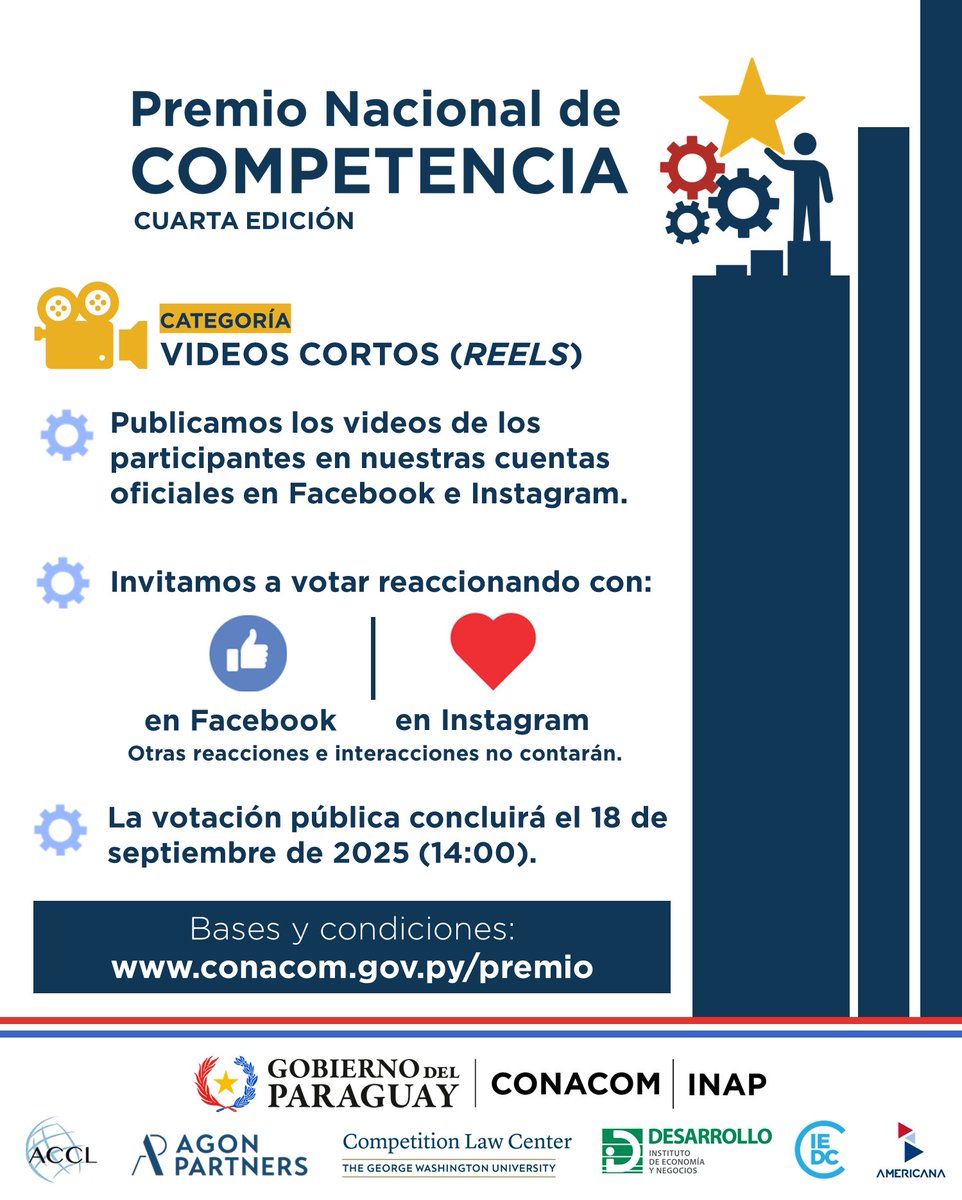 ¡Ya podés votar por los videos participantes en el concurso "Premio Nacional de Competencia"!

Votá por tus favoritos reaccionando con "Me gusta" en: 
facebook.com/conacompy e instagram.com/conacompy. 

Bases y condiciones: conacom.gov.py/premio

#GobiernoDelParaguay