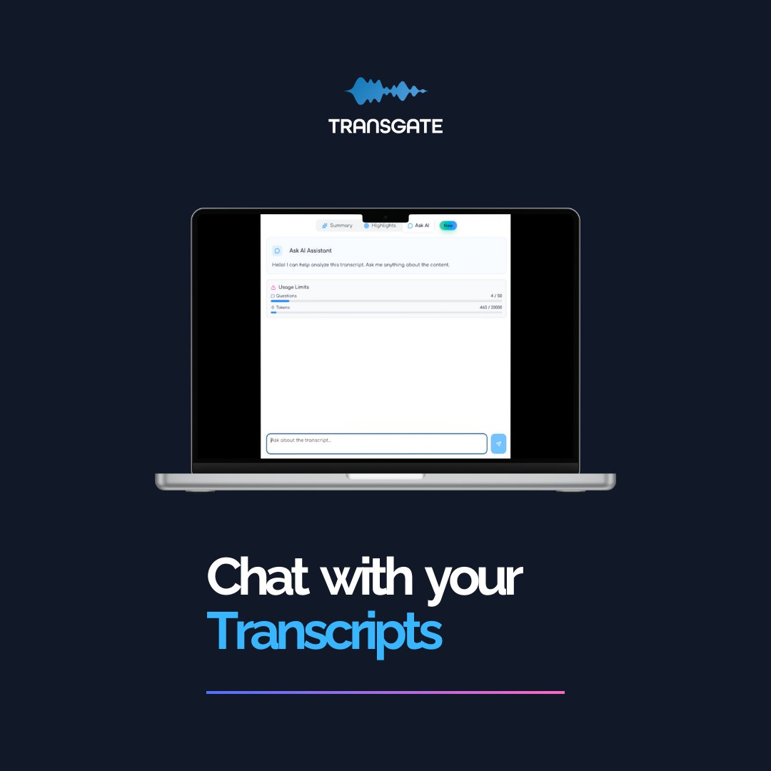 TransgateAI's tweet image. 📷 New AI Features on Transgate!
ou can:
📷 Get automatic Summarization.
📷 Highlight important sections.
📷 Chat with your transcripts.
Turn long recordings into actionable insights in seconds.

Start today → transgate.ai

#Transcription #aitools #meetingnotes