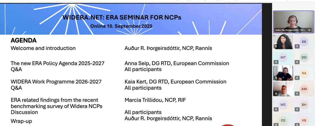 ncp_wideranet's tweet image. 🚀 We’re kicking off September live with our #ERA Seminar for NCPs!
Great to reconnect &amp;amp; dive into:
🔹 ERA Policy Agenda 2025–2027
🔹 #WIDERA Work Programme 2026–2027
🔹 Benchmarking survey insights
🙌 Thanks to our speakers &amp;amp; all NCPs joining the discussion today!