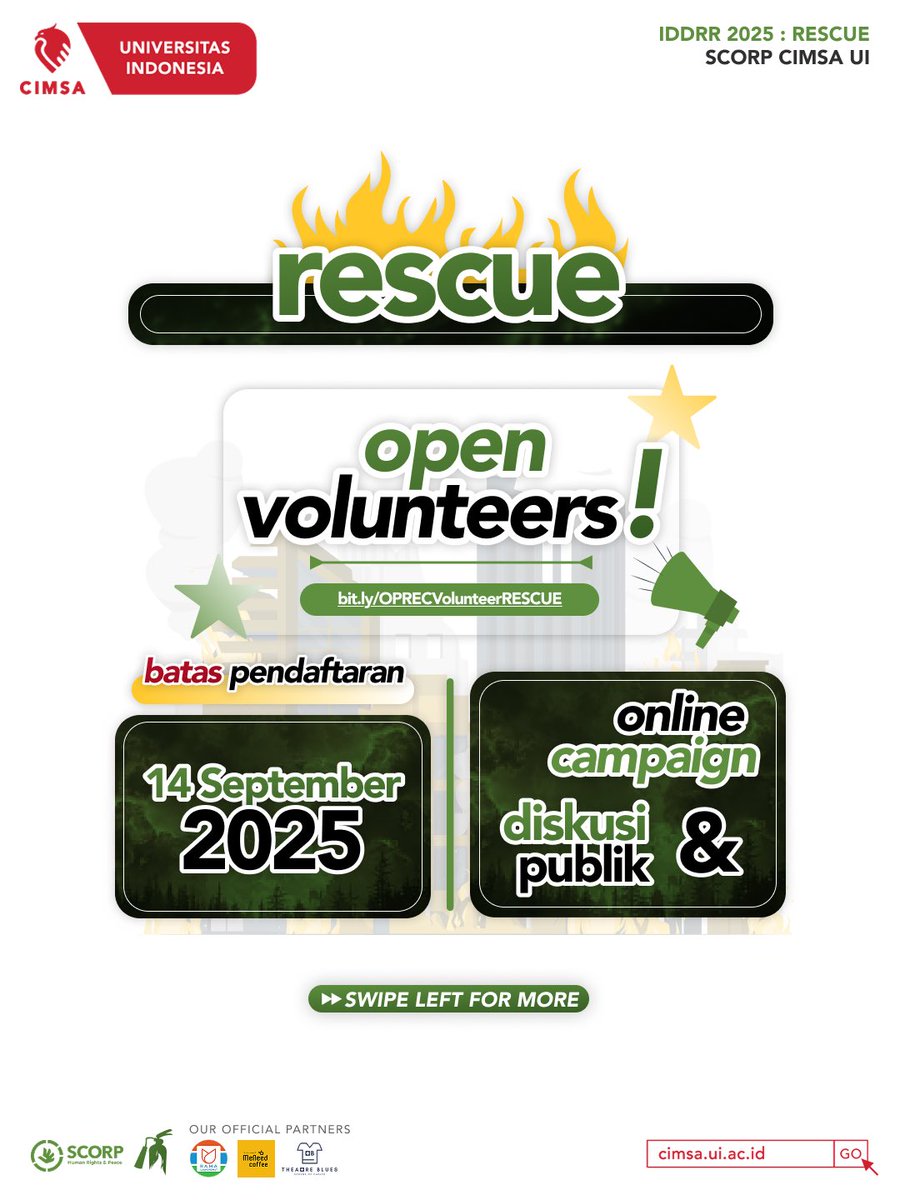 Jadi Volunteer bareng SCORP FKUI? 👀✨💚

CIMSA salah satu organisasi di FKUI lagi ada event buat temen2 SMP/SMA/Kuliah yang pengen ikutan Online Campaign tentang kebakaran 🔥💻 

Selain nambah ilmu, bisa juga kenalan sm temen2 dr berbagai sekolah/kampus + mahasiswa FKUI! 🤩