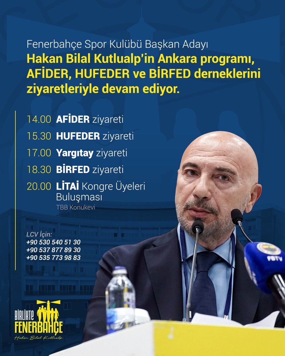 Fenerbahçe Başkan Adayı Hakan Bilal Kutlualp’in Ankara programı, AFİDER, HUFEDER ve BİRFED derneklerini ziyaretleriyle devam ediyor.

Saat 20.00’de Litai TBB Konuk Evi’nde kongre üyelerimizle buluşacağımız yemekli organizasyona tüm üyelerimiz davetlidir.

#BirlikteFenerbahçe