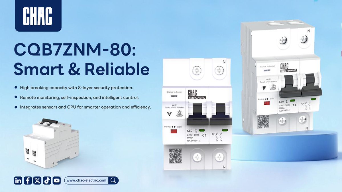 CHACElectric's tweet image. ⚡ CQB7ZNM-80 Smart Circuit Breaker: 8 protections ✅, remote monitoring 📡, auto self-tests, high reliability for home, commercial &amp;amp; industrial networks. Reduce downtime &amp;amp; maintenance costs.
#SmartCircuitBreaker #ElectricalSafety #PowerDistribution #ReliablePerformance