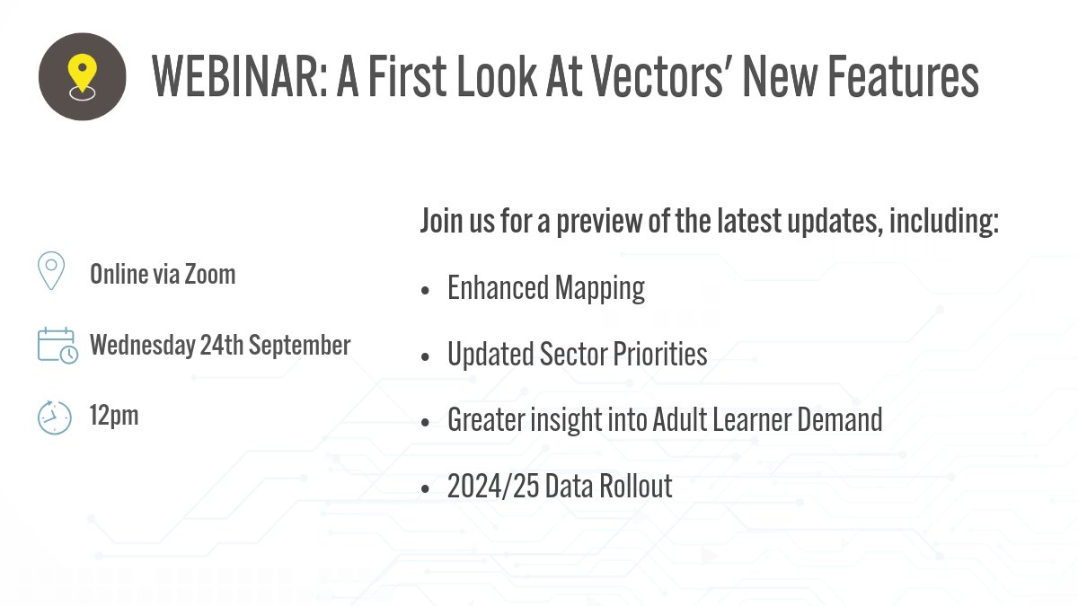 Vectors' 2024/25 updates will soon be available!
 
To help you make the most of these updates, we’ll be running a webinar demonstrating how they can support your college curriculum planning &amp; decision-making

Register-bit.ly/4mPiZeZ 
#FurtherEducation #CurriculumPlanning