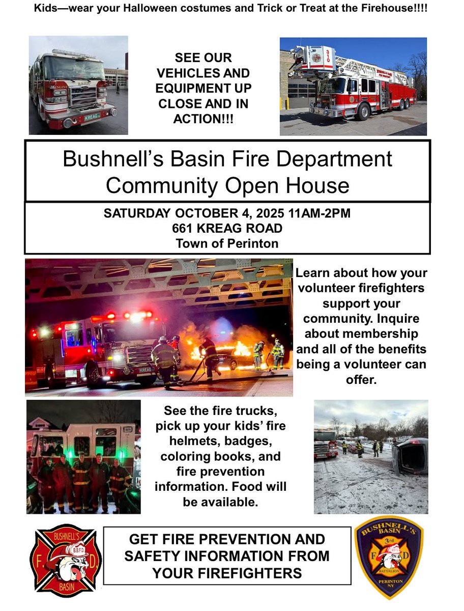 BushnellBasinFD's tweet image. Join us on Saturday 10/4/25 from 11:00 AM – 2:00 PM at the BBFD !

 For a fun-filled day including:
✅ Climb on fire trucks 🚒
✅ Bounce house &amp;amp; games 🎯
✅ Trick-or-treating around the firehouse 🎃🍬
✅ Delicious food available for purchase 🍔🌭
✅ Recruitment info